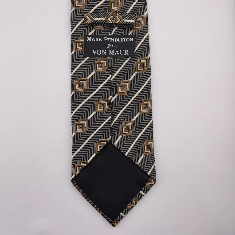MARK PENDLETON Men's Designer Silk Necktie Black Brown Striped Geometric 60
